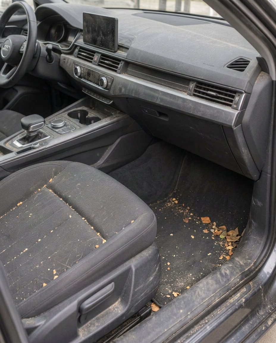 Priekšējais auto salons pirms tīrīšanas