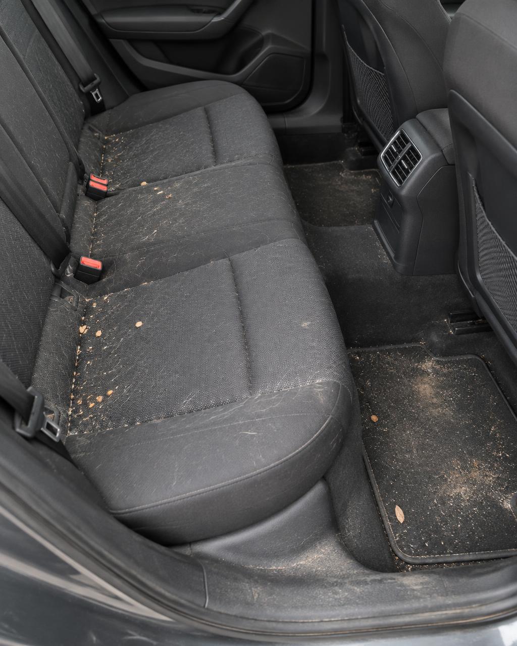 Aizmugurējais auto salons pirms tīrīšanas
